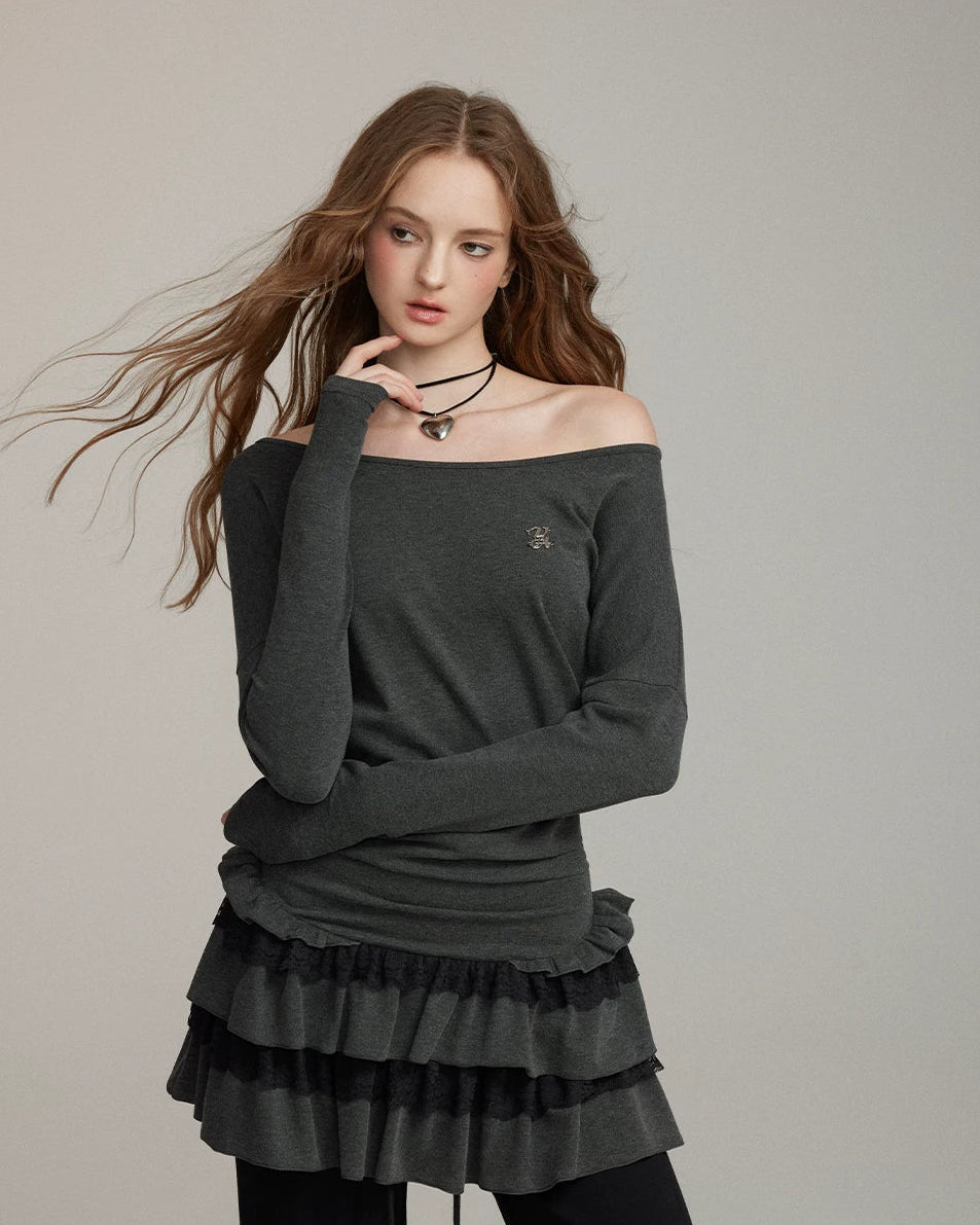 Grey Shoulder Lace-Trim Tiered Dress