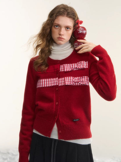 Vintage Checkered Patchwork Bow Knit Cardigan
