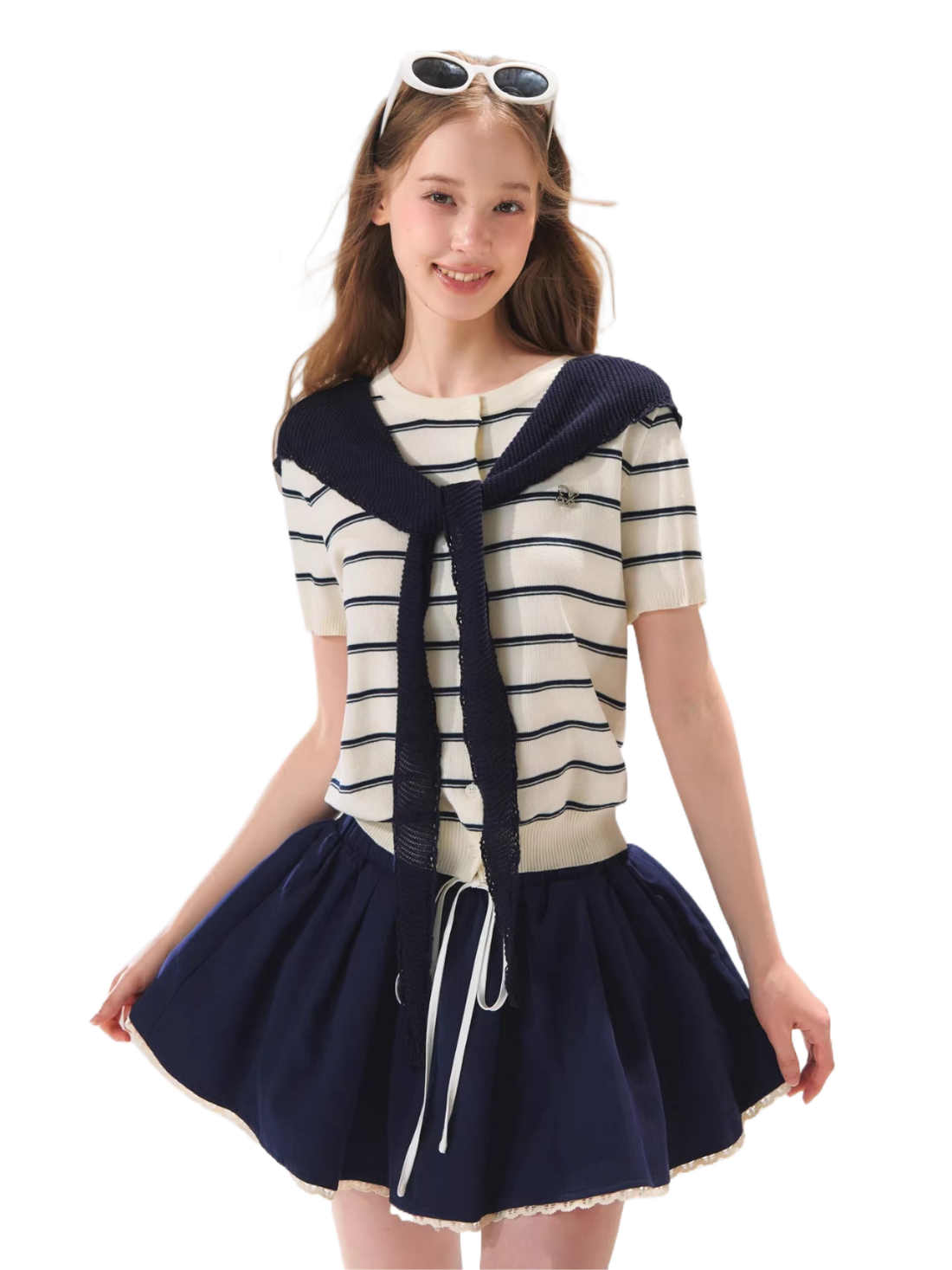 Sailor Tie-Detail Striped Knit Short Sleeve Top