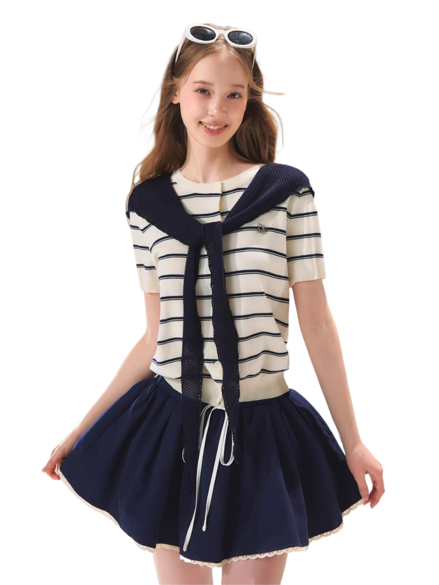 Sailor Tie-Detail Striped Knit Short Sleeve Top