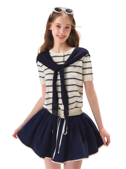Sailor Tie-Detail Striped Knit Short Sleeve Top