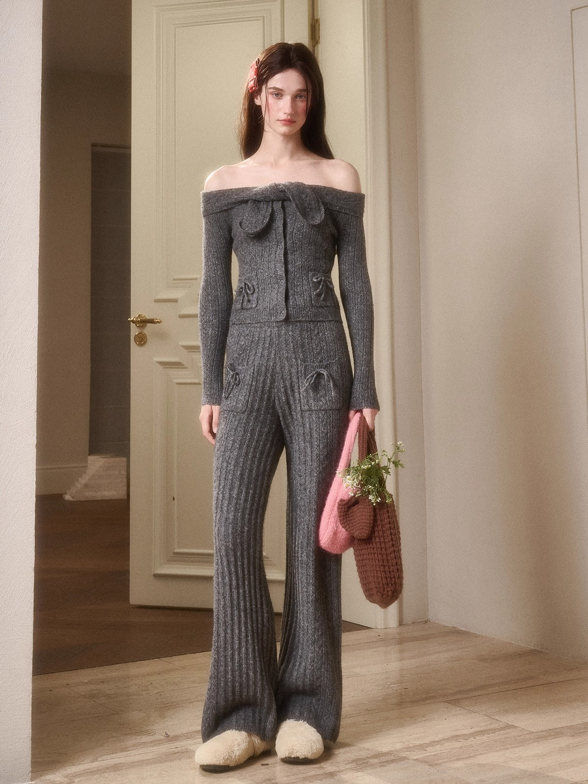 Velvet Bunny Wool Cloud Off-Shoulder Knit Cardigan &amp; Wide-Leg Pants Set