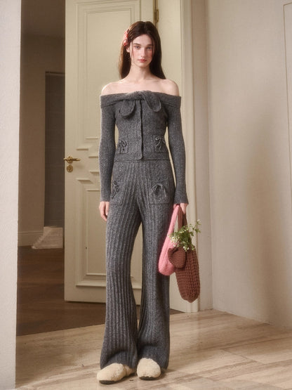 Velvet Bunny Wool Cloud Off-Shoulder Knit Cardigan &amp; Wide-Leg Pants Set