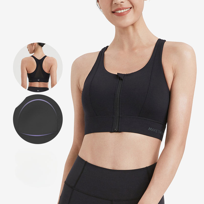 Front Zip Easy-wear Mesh-panelled Sports Bra