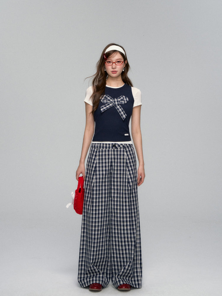 Checkered Bow Contrast Color Short - Sleeve Set
