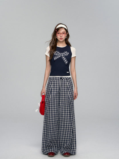 Checkered Bow Contrast Color Short - Sleeve Set
