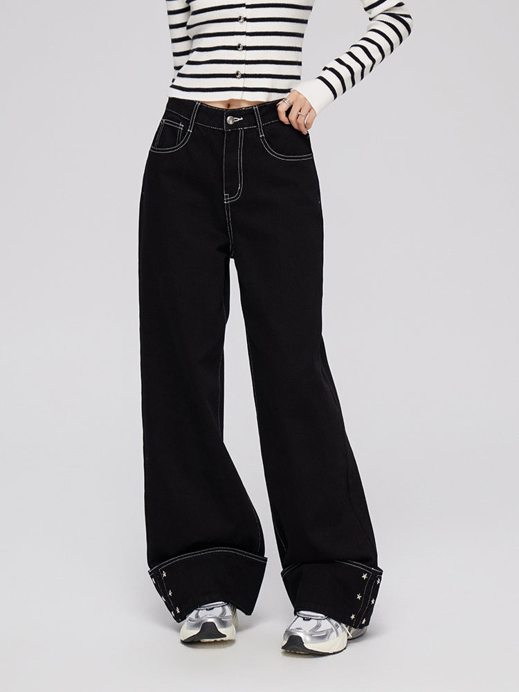 Cuffed Denim Wide-Leg Pants