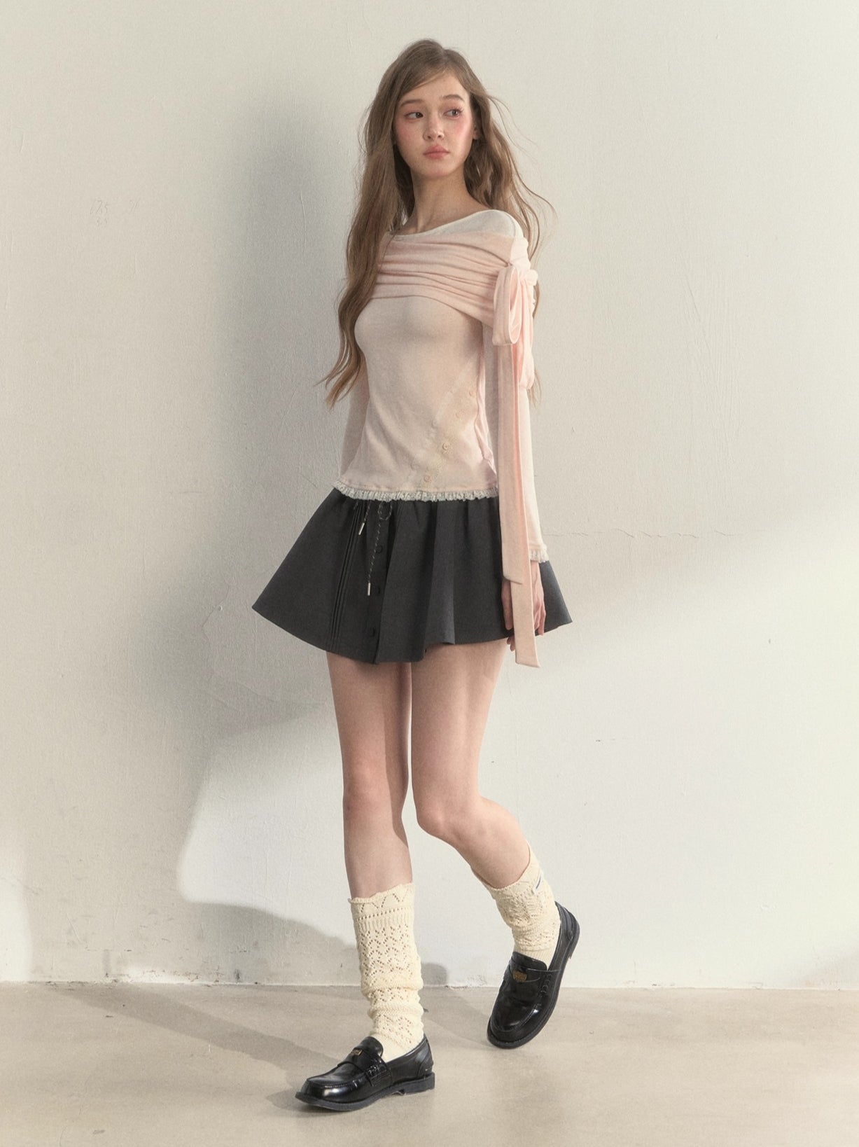 Asymmetric Off-Shoulder Bow-Tie Knit T-Shirt