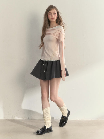 Asymmetric Off-Shoulder Bow-Tie Knit T-Shirt