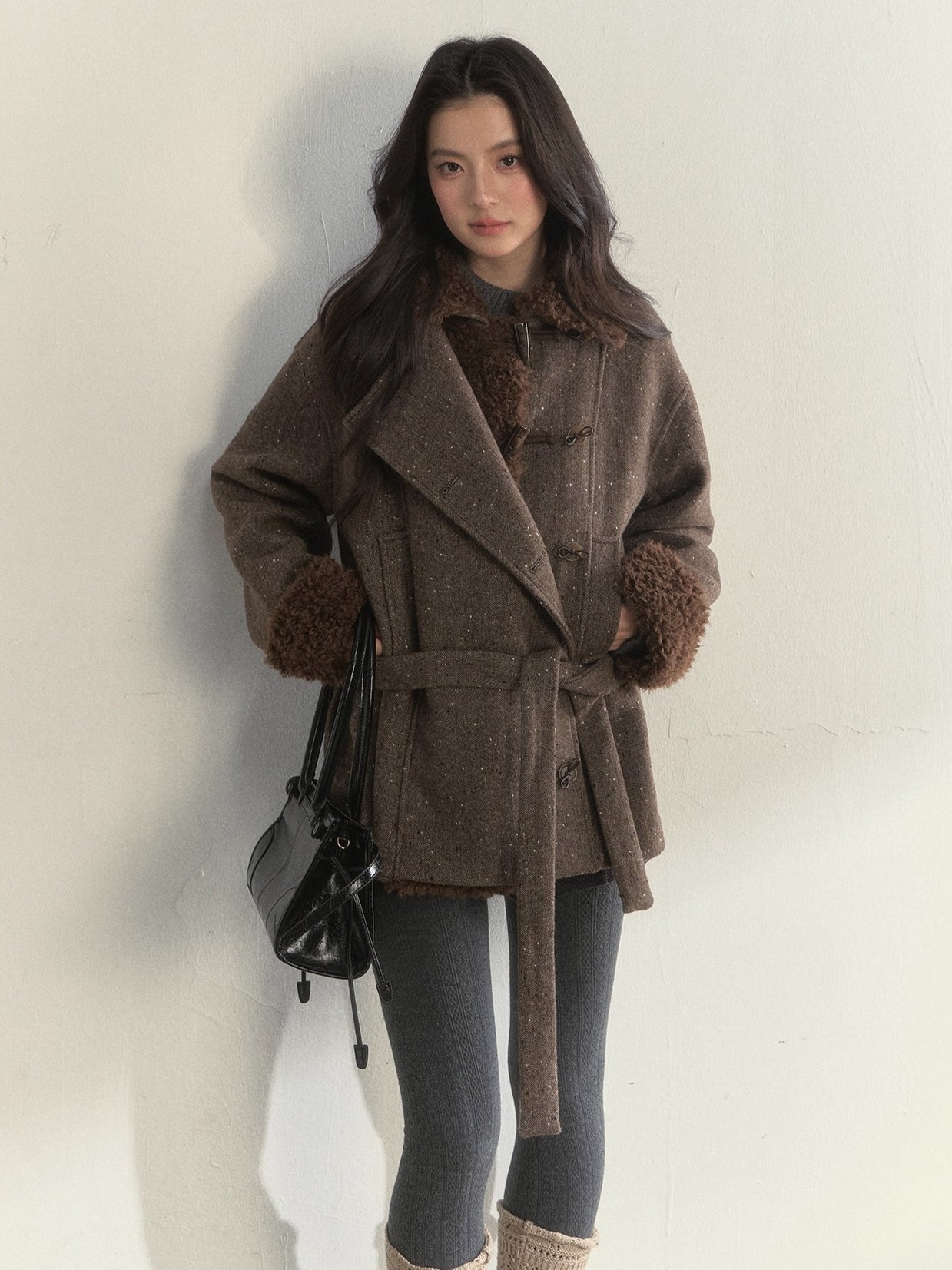 Deep Grey &amp; Brown Wool Blend Fleece-Collar Coat