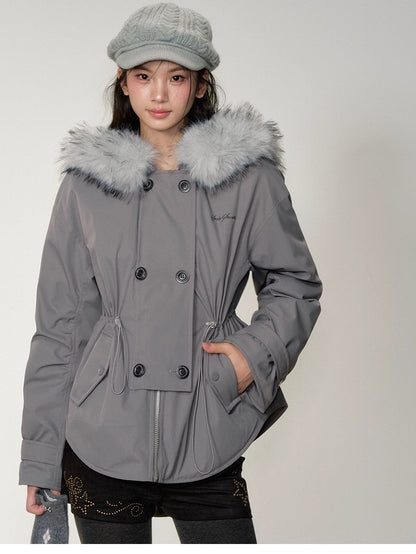 Faux Fur Collar Double-Breasted Down Parka Jacket