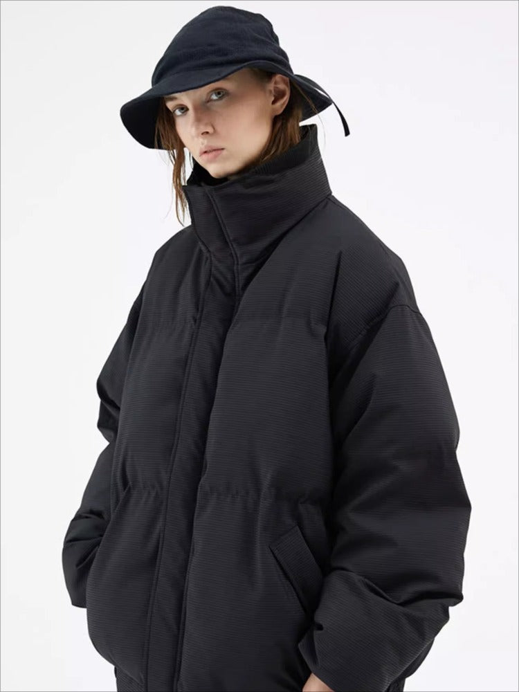 Textured Stripe-Panel Oversized Winter Puffer Jacket