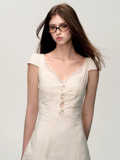 Cream White Lace-Panel Slim Fit Textured Dress