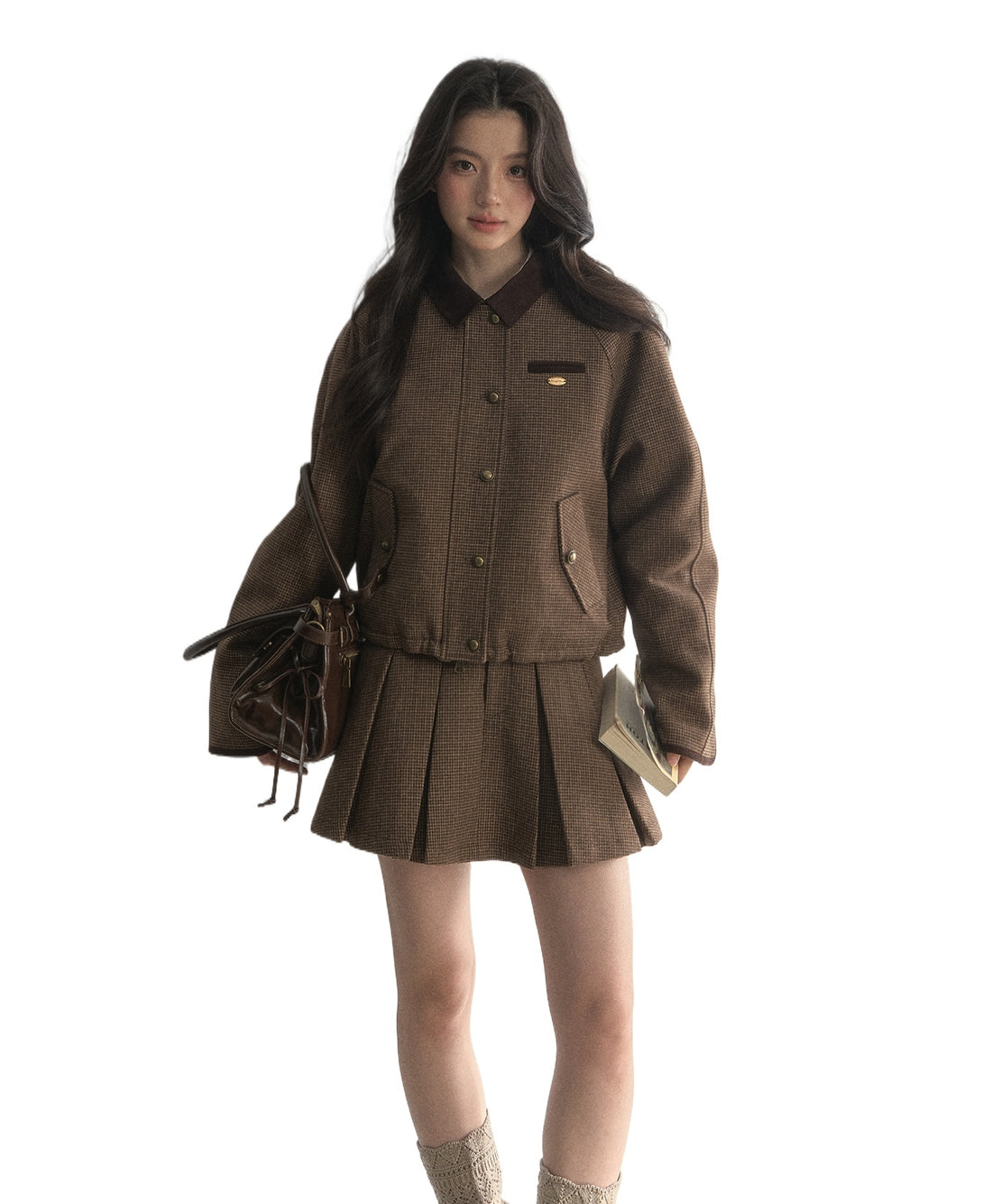 Roulis-Inspired Reversible Vintage Houndstooth Jacket &amp; Pleated Skirt Set