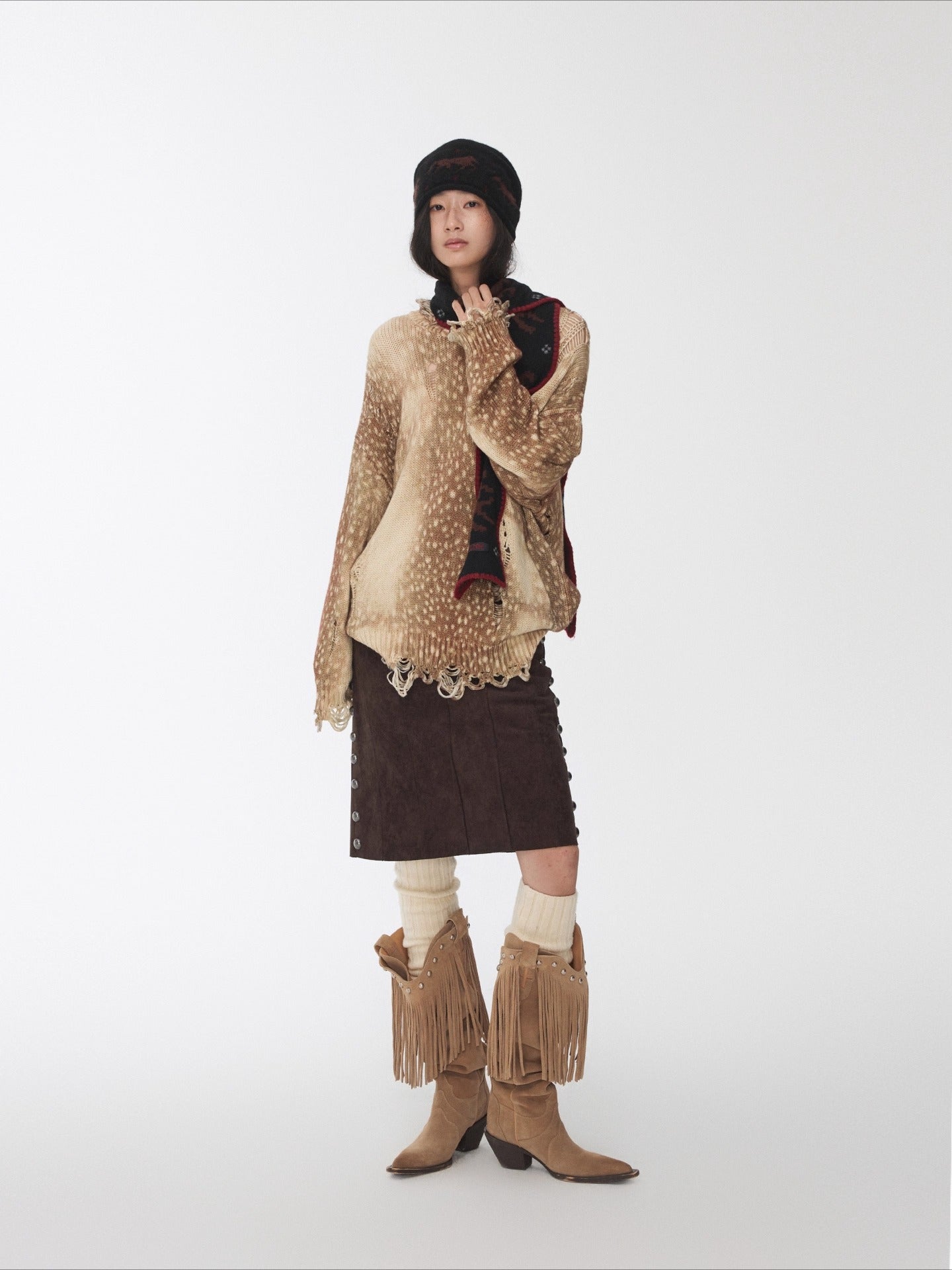 Vintage Deer Print Distressed Knit Sweater