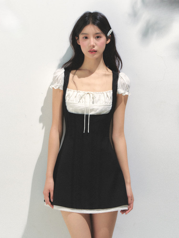 SUNSET PARK Black-White Contrast Two-piece Square Neck Dress – Black