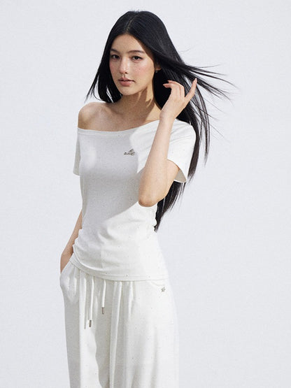 Off-Shoulder Draped Top Wide-Leg Pants Two-Piece Set