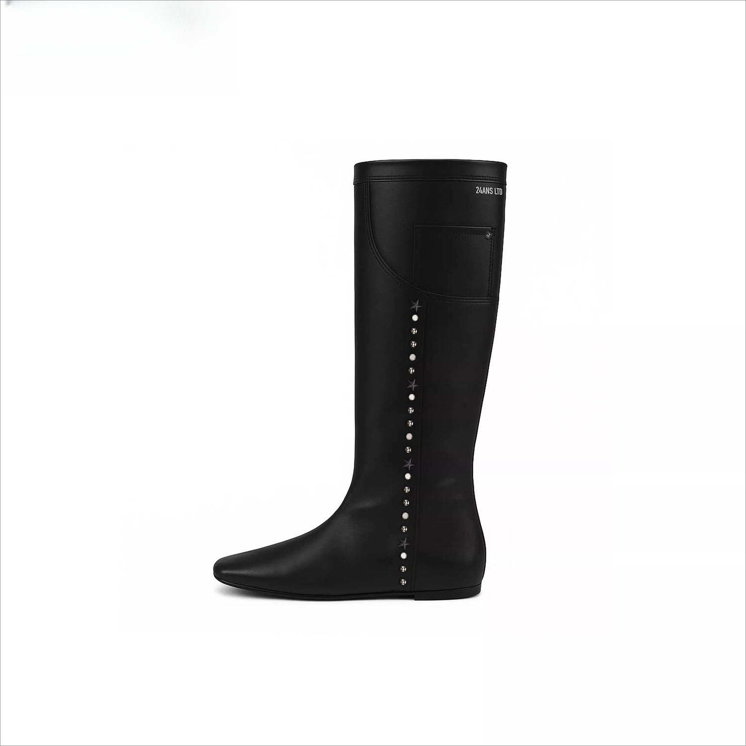 Flat Square-Toe Pocket-Detail Studded Boots