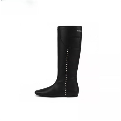 Flat Square-Toe Pocket-Detail Studded Boots