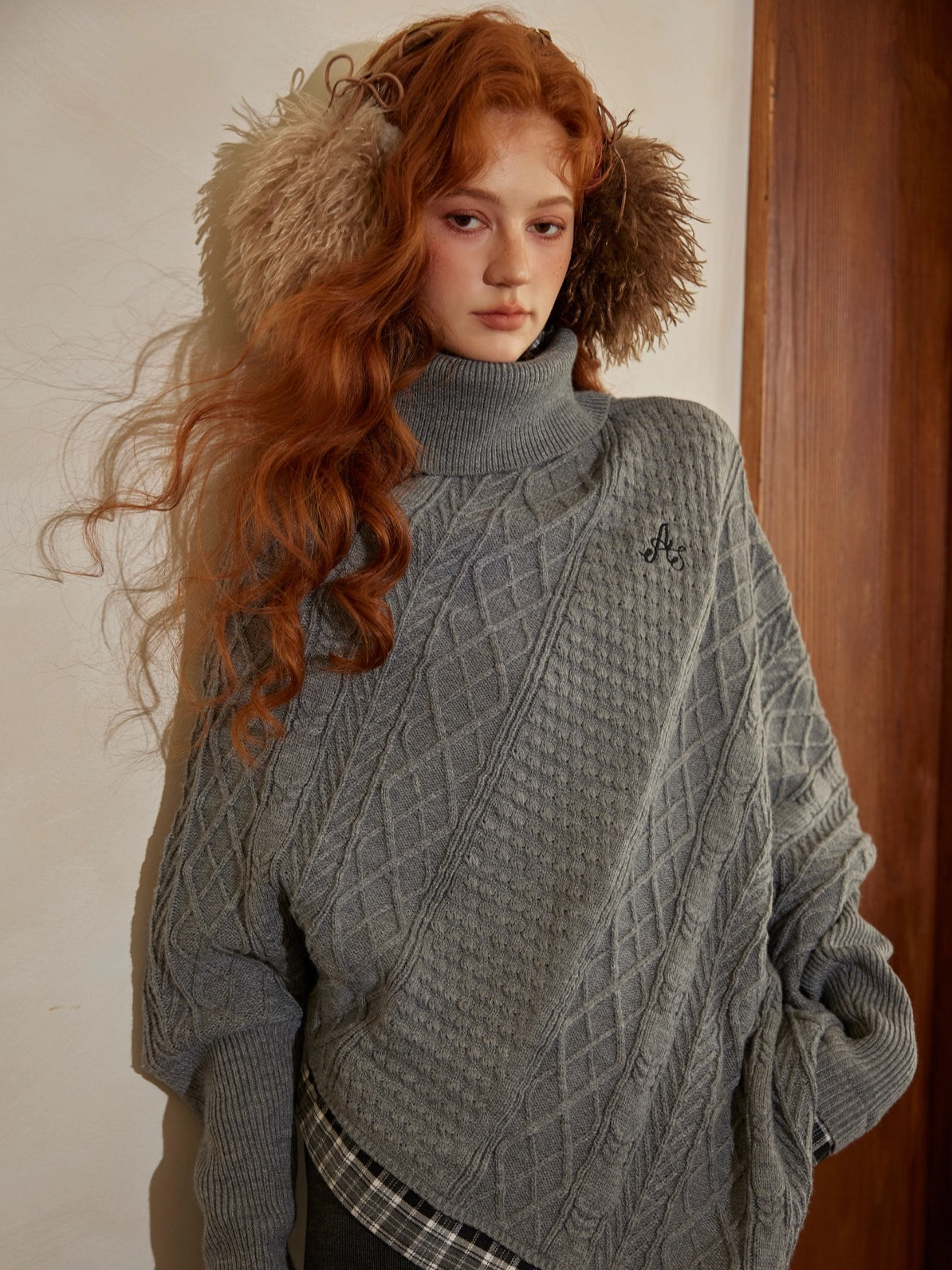 Plaid Patchwork Batwing Knit Turtleneck