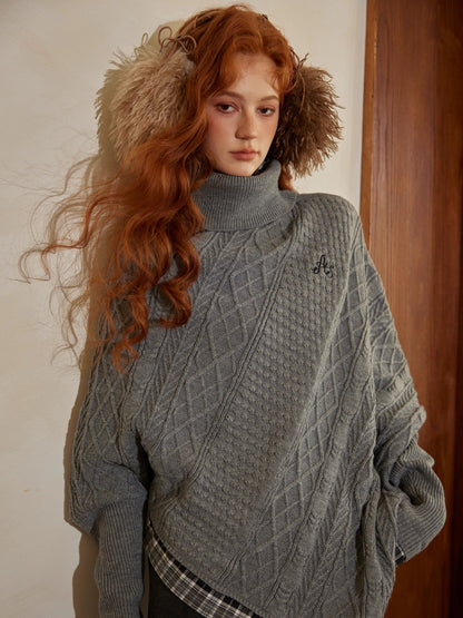 Plaid Patchwork Batwing Knit Turtleneck