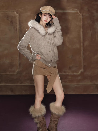 Shimmer Cable-Knit Hooded Cardigan