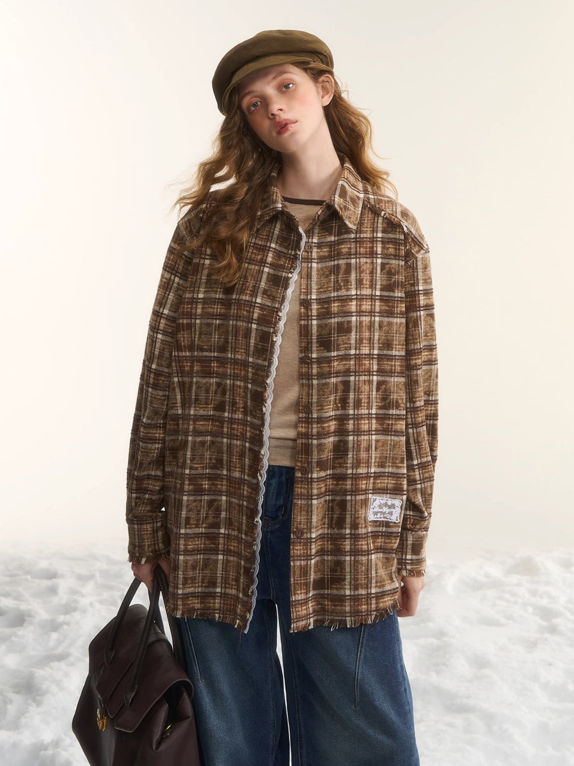 Oversized Lace-Trim Patchwork Plaid Shirt