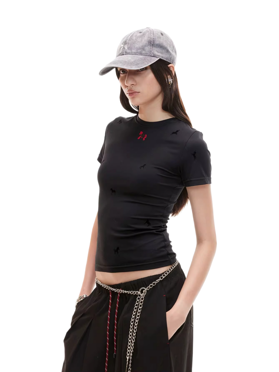 Flocked Horse Print Fitted Tee