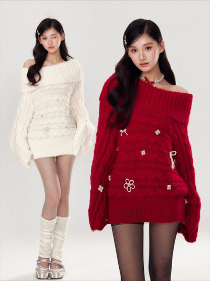 Hand-Embellished Beaded Off-Shoulder Knit Sweater