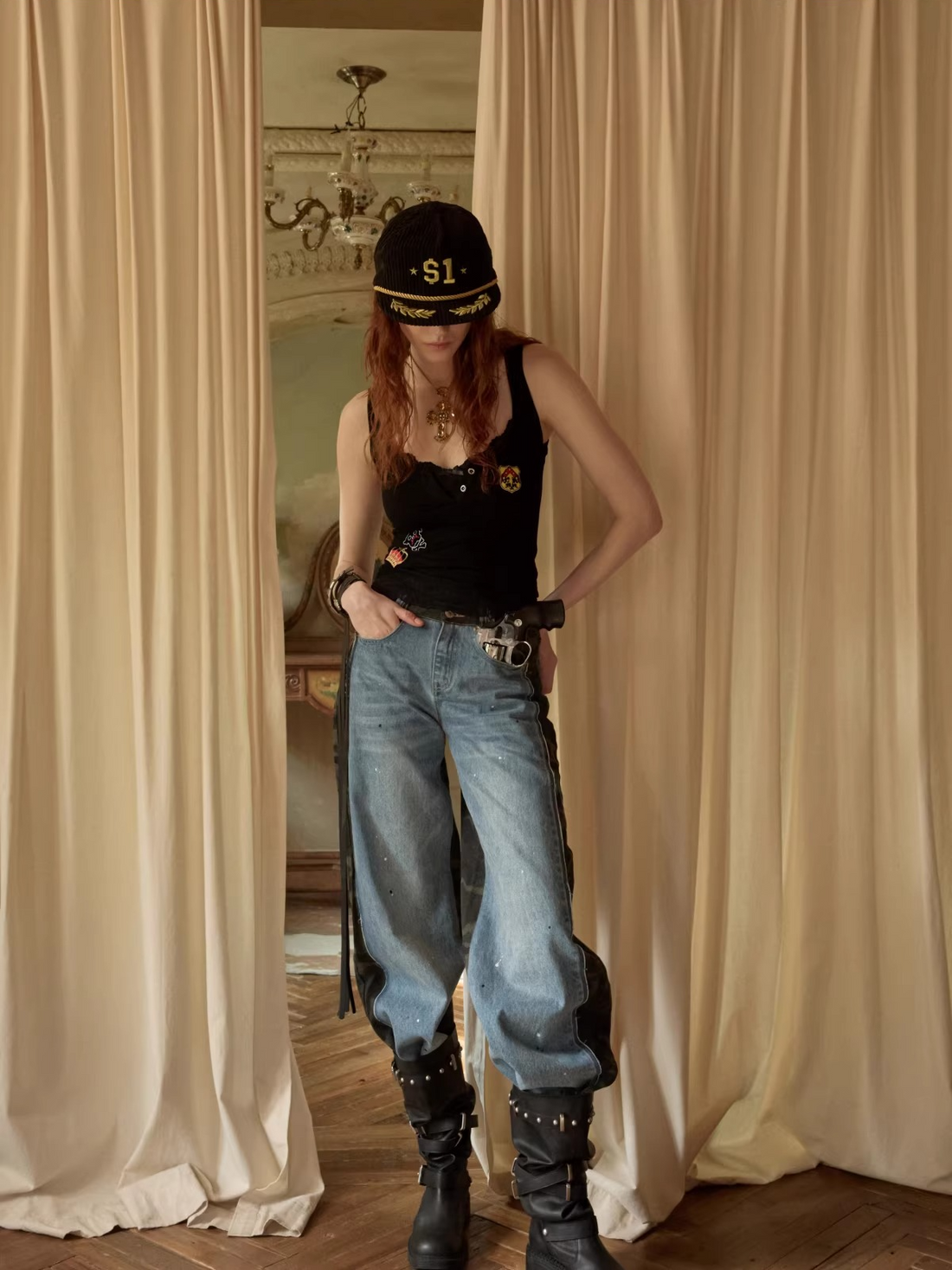 Camouflage Patchwork Denim Straight-Leg Jeans
