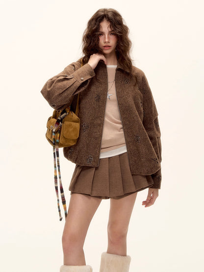 Sequin Embroidered Plaid Wool Blouson Jacket