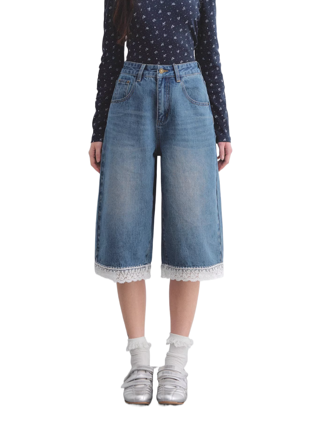 Vintage Washed Denim Cropped Jeans with Lace Embroidered Hem