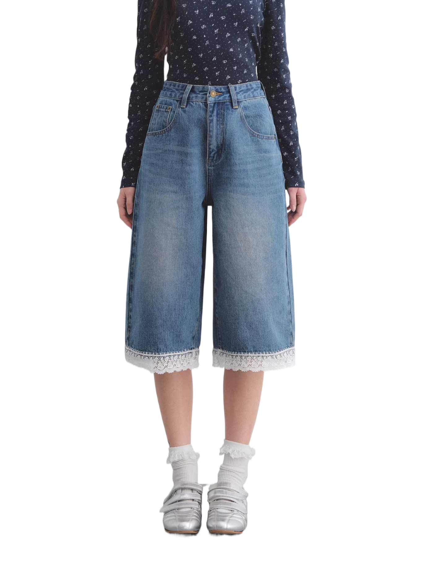 Vintage Washed Denim Cropped Jeans with Lace Embroidered Hem