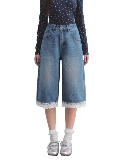 Vintage Washed Denim Cropped Jeans with Lace Embroidered Hem