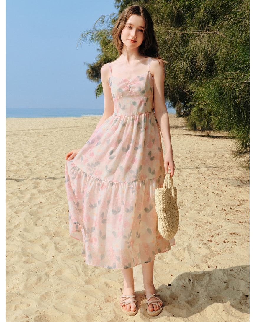 Pink Floral Waist-cinched Dress