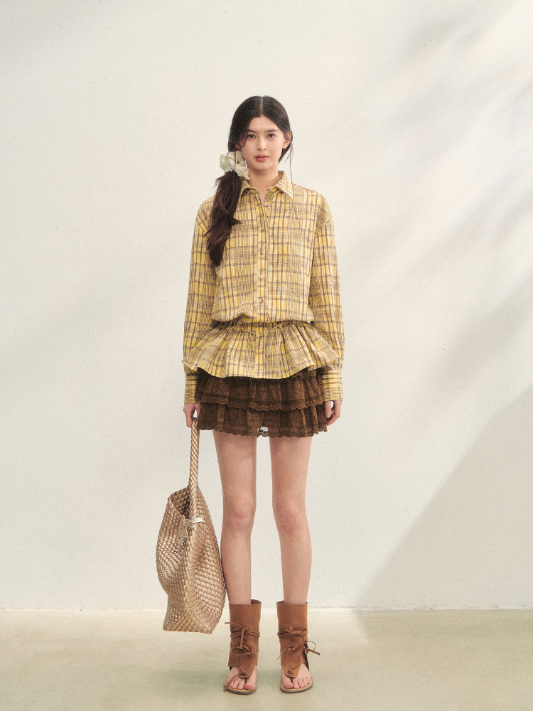 Ruffled Hem Waist-Cinching Checked Shirt - CHINASQUAD