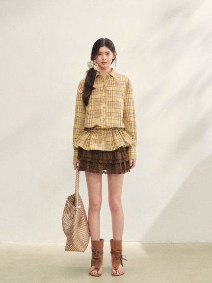 Ruffled Hem Waist-Cinching Checked Shirt - CHINASQUAD