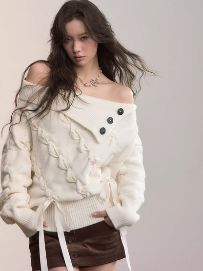 Asymmetric Off-Shoulder Cable Knit Sweater