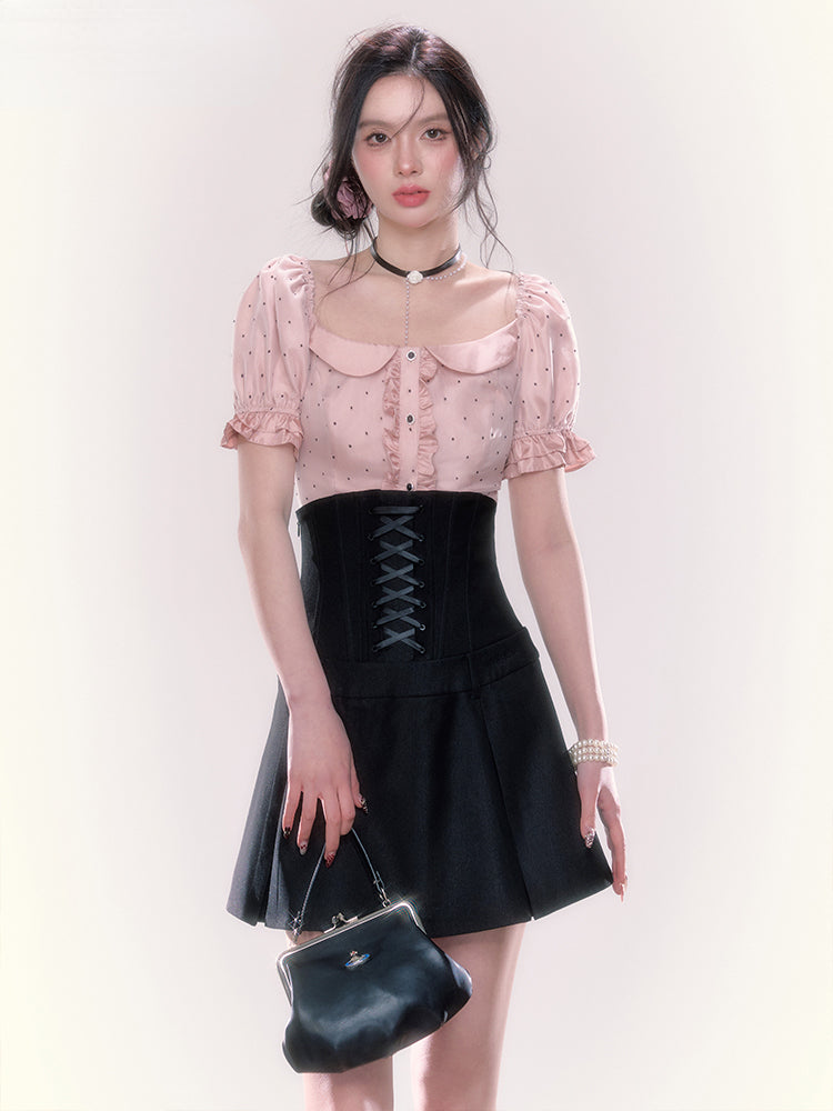 Polka Dot Puff Sleeve Blouse &amp; High-Waisted Skirt Set - CHINASQUAD