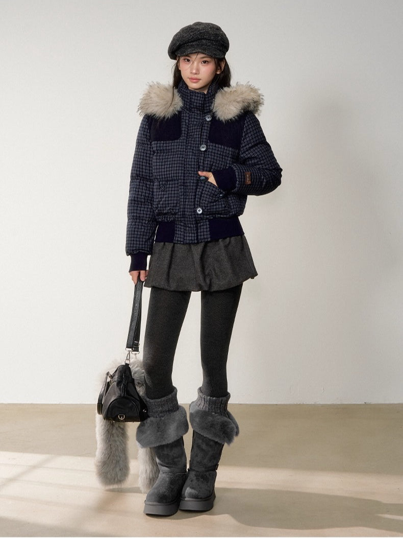 Fuzzy Plaid Down Faux Fur Collar Jacket
