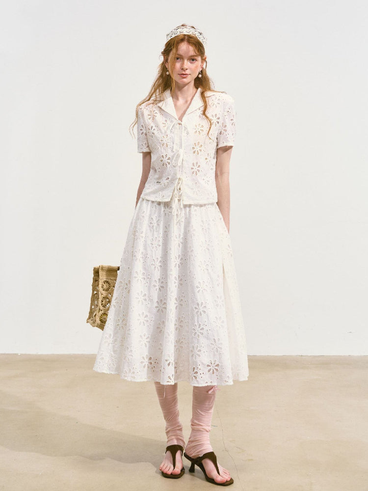 Hollow-out Flower Tie-up Short-Sleeve Top &amp; Skirt Set