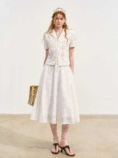 Hollow-out Flower Tie-up Short-Sleeve Top &amp; Skirt Set