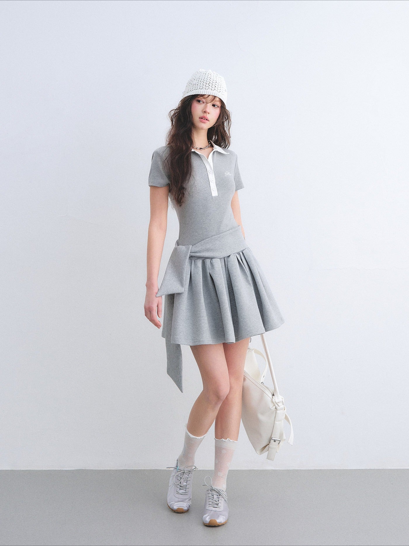 Contrast Polo Collar Puff Dress Two-Piece Set
