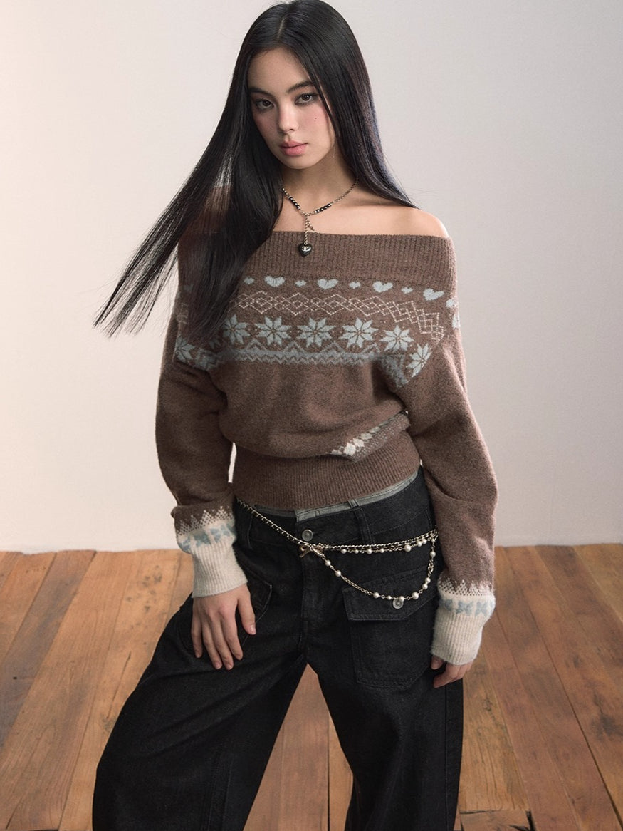 Fair Isle Off-Shoulder Wool Blend Knit Sweater