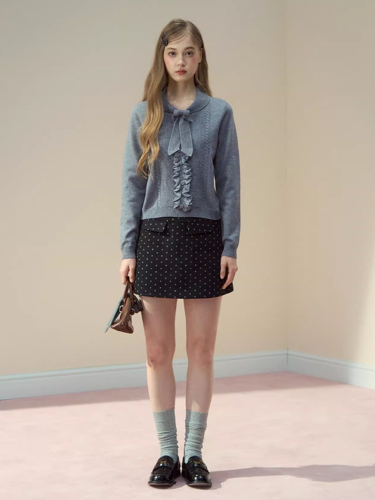 Ruffle Trim Bow Wool Sweater