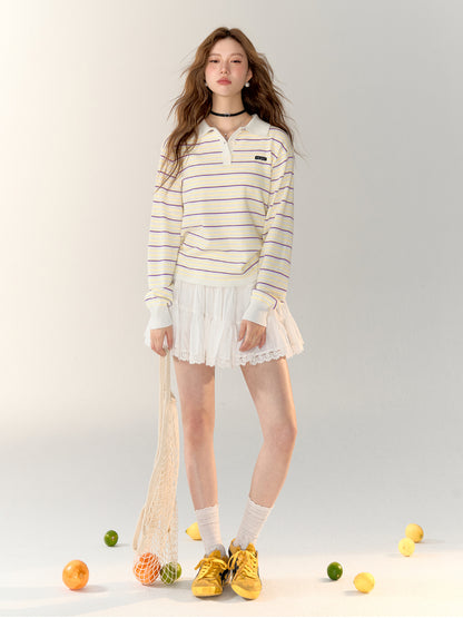 Color-block Striped Knit Polo Top