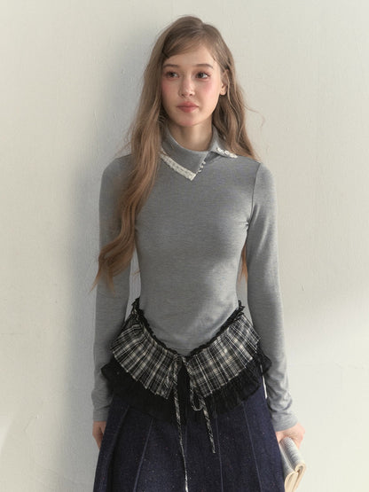 Layered Pleated Mock-Neck Knit T-Shirt