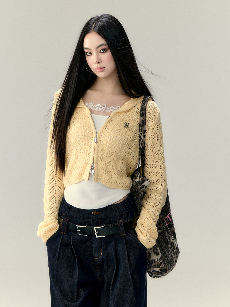 Double Collar Hollow Short Knitted Cardigan