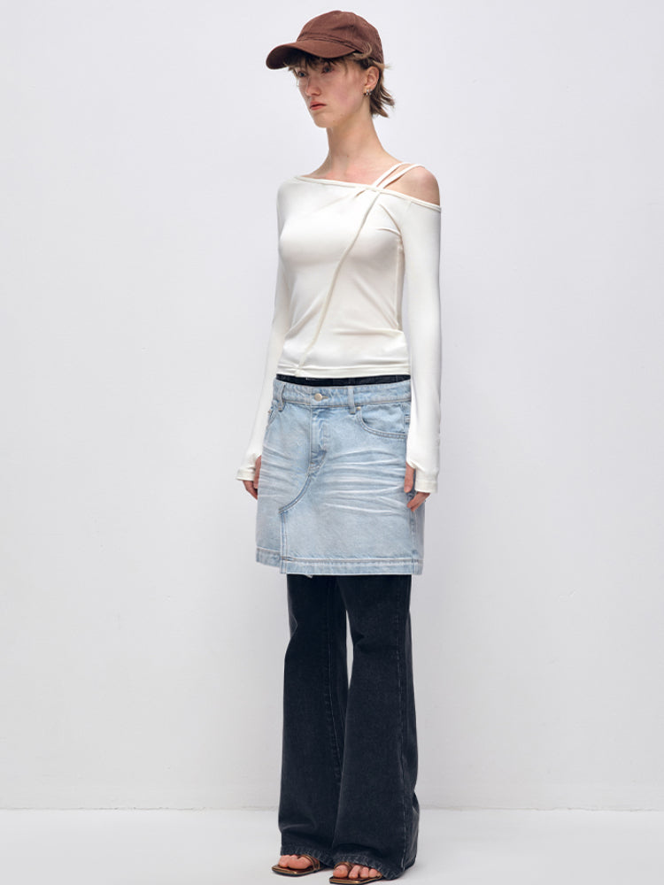 Color Block PatchworkFake Two-Piece Denim Flared Skirt Pants