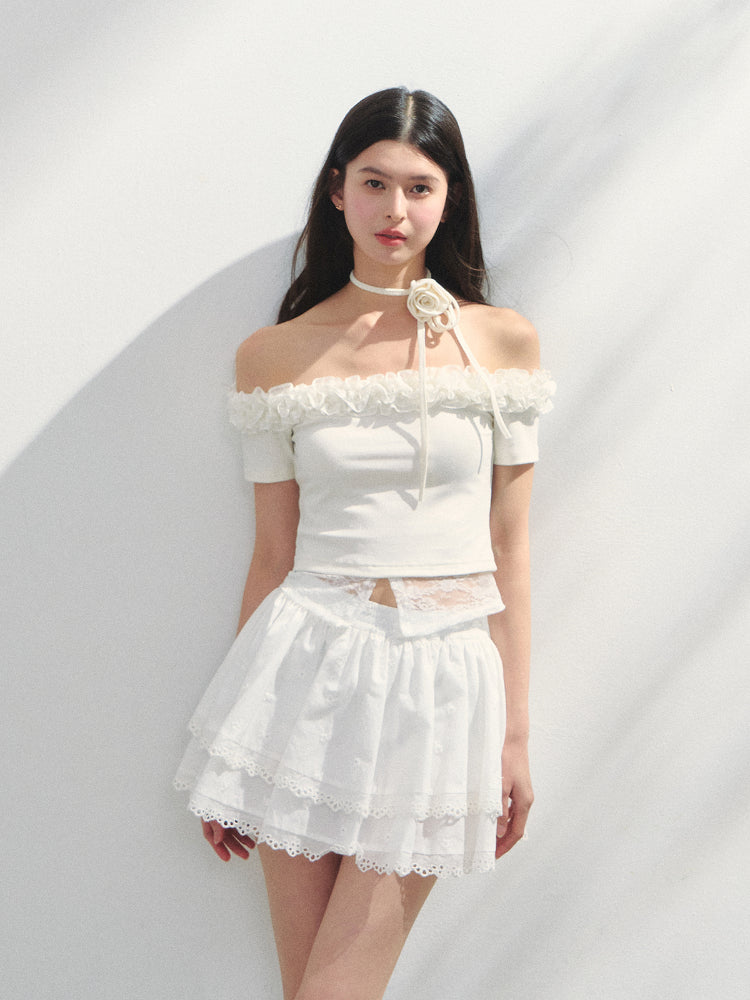 Off-Shoulder Irregular 3D Floral T-Shirt